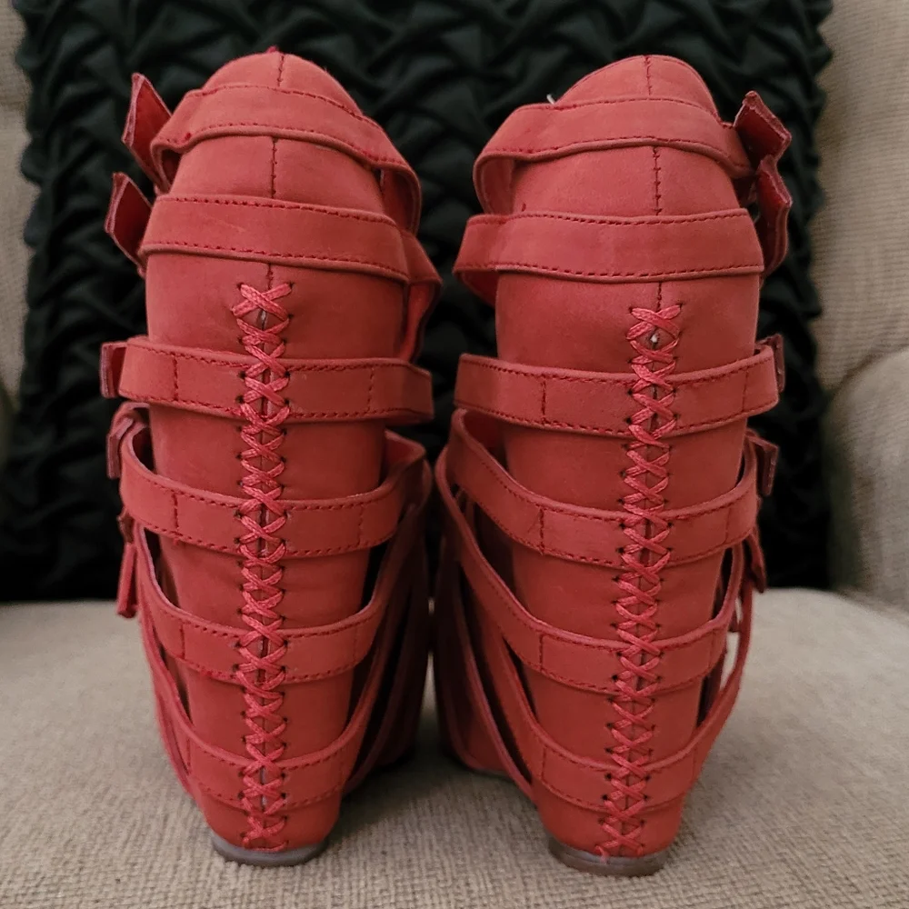 JEFFREY CAMPBELL ZIP 2 BRICK RED SUEDE PLATFORM WEDGES